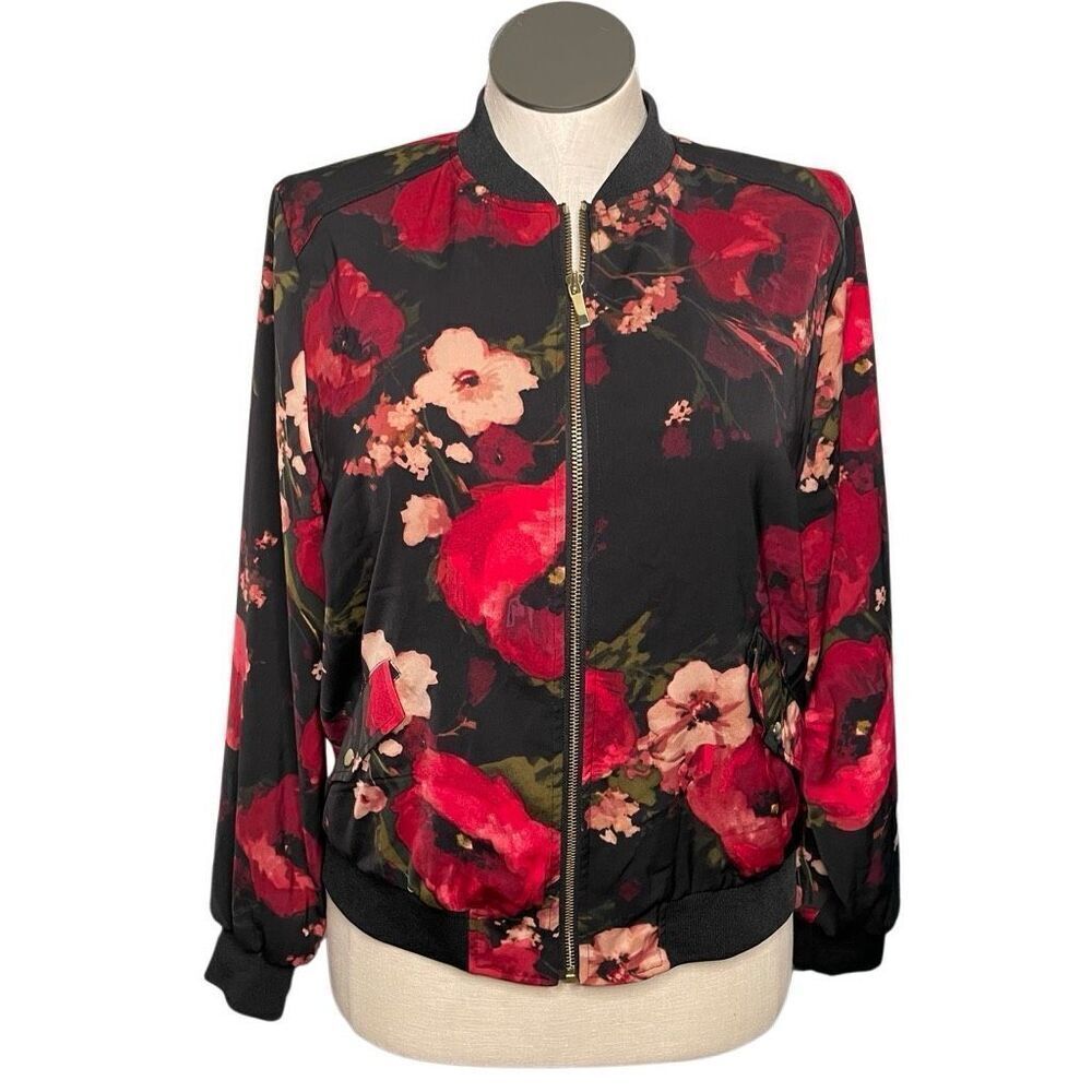 Susan Graver Womens Bomber Jacket M Dark Romantic Red Rose Mira KPDH